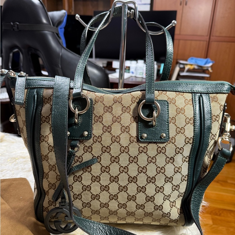 Gucci Brown Dark Green Canvas Tote 2ways handbag duster and strap.